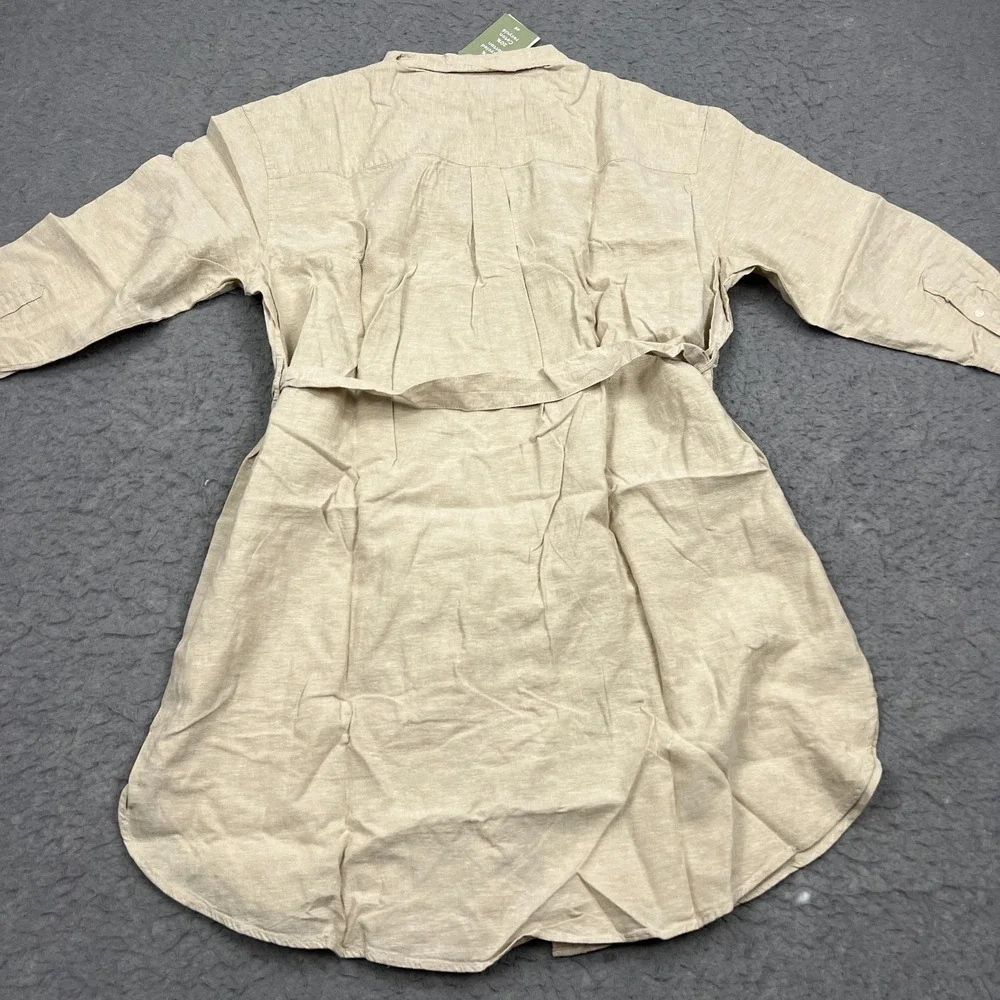 H&M Shirt Dress Women's XL Beige Linen Button Up Front Tie Long Sleeve Lagenlook